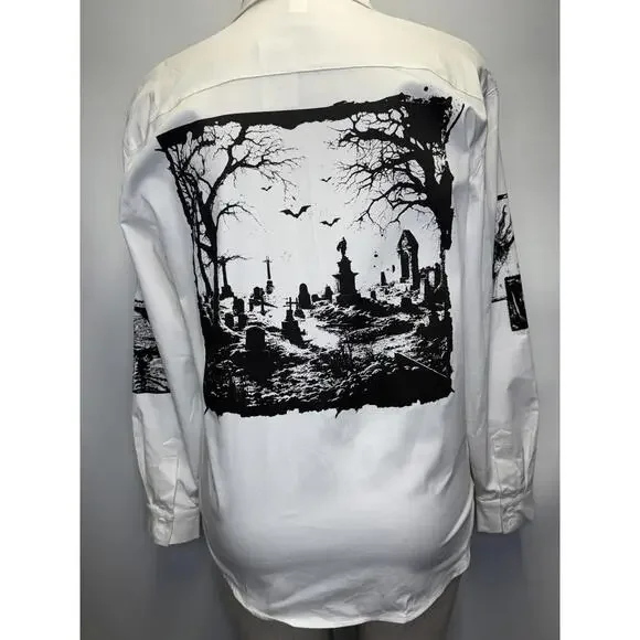 NWT - ocial Collision Skull Grave Patch Long-Sleeve Woven Button-Up - Unisex SM - Picture 2 of 8